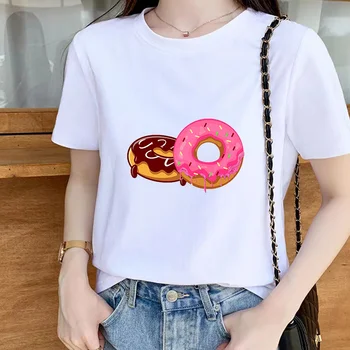 Sevimli Kadın yazlık t-shirt Komik Çörek Baskı kısa kollu tişört Kawaii Karikatür Grafik Tişörtleri Kızlar Tees Tops Kadın