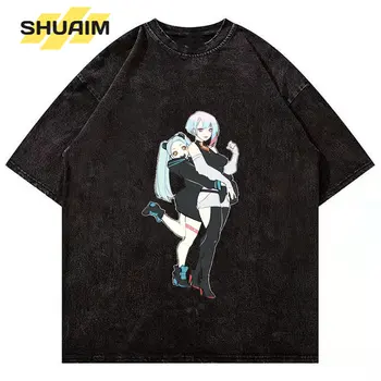 SHUAIM Anime Punk Baskı Erkek T-Shirt Harajuku Pamuk Tshirt Hip Hop Yıkanmış Streetwear Kısa Kollu Üstleri Ceket 2023 Yaz T-shirt