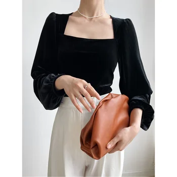 Siyah Kadife Kare Yaka Bluz kadın Sonbahar Yeni Moda Tasarım Kabarcık Kollu Gömlek Zarif Üstleri Bahar Sonbahar Giyim