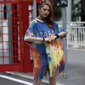 Sokak Yüksek 2022 Yaz Yeni Kadın O-Boyun Gevşek Karışık Renkler Mektup Vintage Püskül Moda Rahat Şık Kore Stil Elbise