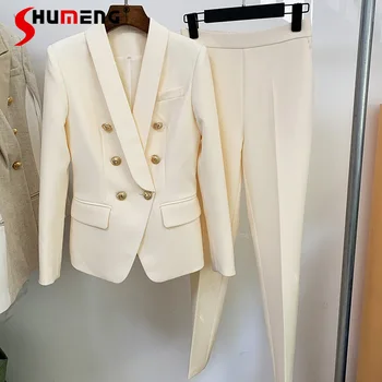 Sonbahar Yeni İş Giyim Moda Kruvaze Takım Elbise Uzun Kollu Zayıflama Blazer Ceket + Kırpılmış Pantolon Takım Elbise İki Parçalı Set