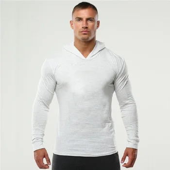 Spor Giyim Spor Kapşonlu T Gömlek Erkekler Spor Katı Vücut Geliştirme uzun kollu tişört Egzersiz Tshirt Kas Tee Gömlek Homme