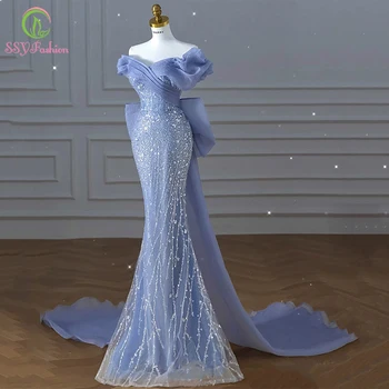 SSYFashion Yeni Lüks Mavi Mermaid Akşam Elbise Kadınlar ıçin Seksi Işıltılı Sequins Büyük Yay Balo Örgün Törenlerinde Vestido De Festa
