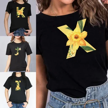 T-Shirt kadın Kısa Kollu Yaz Siyah O-boyun Karikatür Basit Çiçek Mektubu Desen kadın T-Shirt Moda Rahat Üst Tee