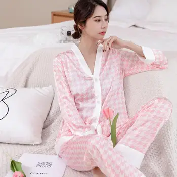 Tatlı Pembe Baskı Balıksırtı Pijama Seti Kadın Uzun Kollu Gömlek ve pantolon İki Parçalı Set Pijama Gevşek Rahat Saten Ev Giysileri