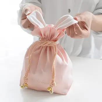 Taşınabilir Kozmetik saklama çantası Sevimli büzgülü torba paskalya tavşanı Kulaklar İpli Takı çantası
