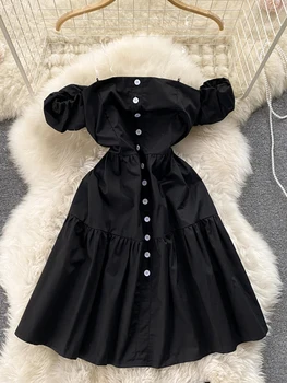 Tek Omuz Kapalı YuooMuoo Romantik Kadın Beyaz Siyah Kısa Parti Elbise 2022 Yaz Seksi göğüslü Gotik Elbise Kore Vestidos