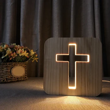 Terfi! 3D LED Lamba Gece Lambası USB Masa masa lambaları Hıristiyanlık Haç El Sanatları Hediye Ev Dekorasyon Ahşap Çapraz