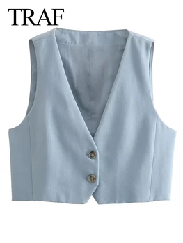 TRAF Banliyö Mizaç Takım Elbise Yelek Kolsuz Tek göğüslü V Yaka Düz Renk Mavi 2022 Moda Rahat Şık Kısa Ceket