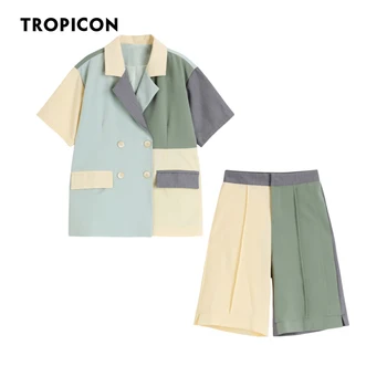 TROPICON Renk Bloğu Yeşil Yaz Blazer Kadın Kısa Kollu Blazer Takım Elbise Ceket Kruvaze Ceket Kore 2020 Moda