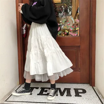 Uzun Tül Midi Etekler Bayan 2022 Bahar Elastik Yüksek Bel Örgü Tutu Pilili Faldas Kadın Siyah Beyaz Uzun Jupe Streetwear