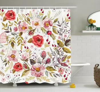 Vintage Duş Perdesi Çiçek Tema Elle Çizilmiş Romantik Çiçekler ve Yapraklar Çizim Kumaş Banyo Dekor Seti Kanca ile