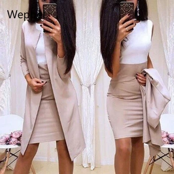 Wepbel Dikiş Blazer Setleri Uzun Ceket Setleri Iş Kadın Elbise Takım Elbise Düz Renk Hırka Yüksek Bel Elbise Setleri