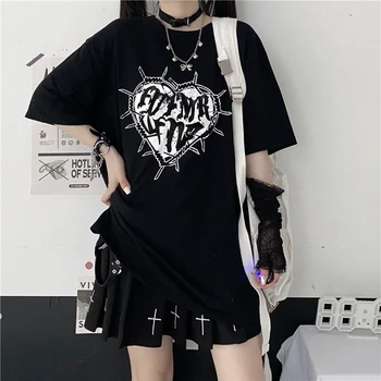 Y2k Goth Vintage Baskı T-shirt Kadın E-Harajuku Streetwear Siyah Emo Alt Kısa Kollu Kawaii O-Boyun Gevşek anime Tee Üstleri kadın