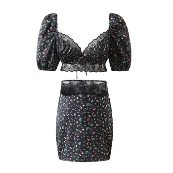 Y2k İnce Dantel Çiçek Elbise Seti Kare Boyun Puf Kollu Üst + Yüksek Bel Mini Etek İki Parçalı Set 2021 Yaz Yeni kadın Takım Elbise