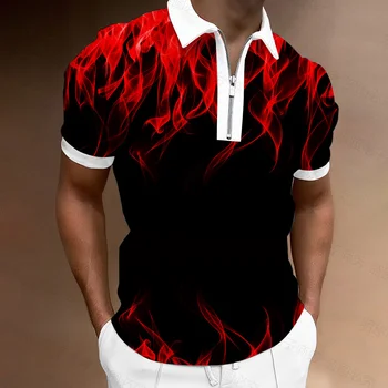 Yaz erkek polo tişört Erkek İnce 3D Baskılı Alev Desen Polo Tees Yaka Fermuar Gömlek Üstleri Rahat Giyim Nefes