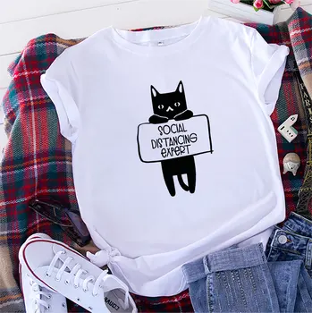 Yaz Komik Kedi Baskı O-Boyun Tee Üstleri Kadın günlük kısa kollu t-shirt Kadın Gevşek Grafik Elbise Bayanlar TShirt