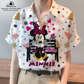 Yaz Noel Yeni Sokak Stili Disney Marka Mickey ve Minnie Anime Kısa Kollu Gömlek Moda Rahat Bayanlar Kawaii Üst y2k