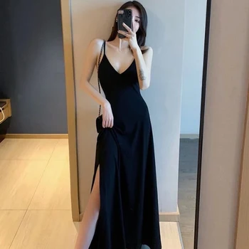 Yaz Yeni Askı Tarzı Seksi Küçük Elbise V Boyun Retro Yan Yarık Uzun siyah elbise Parti Elbiseler Bodycon kadın giyim