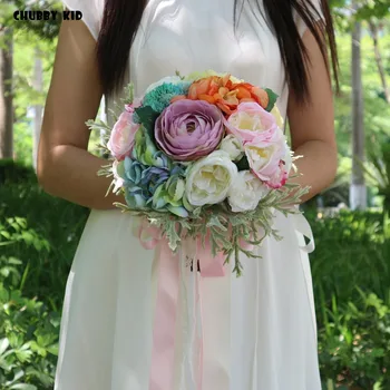 Yeni 100 % Hi-Q Yapay Düğün Buketleri El yapımı ipek çiçek dantel Gelinlik buketi Gelin Düğün Buket de mariage pembe