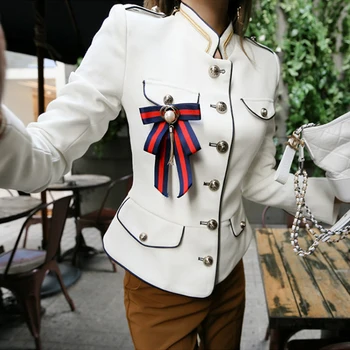 Yeni kadın Retro Standı Yaka Ceket Lacivert Tek göğüslü Standı Yaka İnce Kısa Ceket İş Giysisi Ofis kadın bluzları Ceket