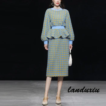 Yeni Moda Kontrast Renk Ekose Takım Elbise Hoodie + Popo Etek Alt rahat elbise Sonbahar/Kış 2022 İçin Landuxiu
