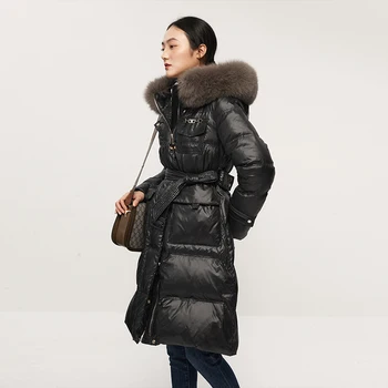 yeni tilki kürk Yaka Ayrılabilir casacos de inverno feminino şişme ceket kadınlar Ayarlanabilir Bel 90 % Beyaz ördek aşağı Uzun