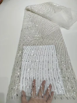 Yeni Varış Beyaz El Yapımı Boncuk Tül Dantel Net Sequins Kumaşlar Gelin Olay Elbiseler Düğün İçin Malzemeler