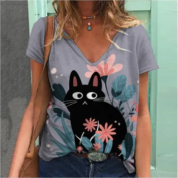 Yenilik yaz 2022, zarif kısa kollu V Yaka tişört ve kadınlar için Kawaii hayvan boyama