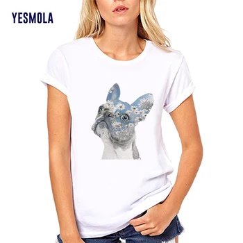 YESMOLA Köpek Kafası Papatya Baskı T Shirt Kadın Kısa Kollu Casual O Boyun Gevşek Gömlek Yaz Kadın Tee Gömlek Tops harajuku tişört