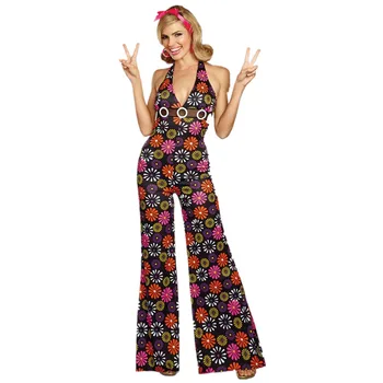 Yetişkin 60'lı Hippi Kostüm Çiçek Güç Disko Kostüm Bayanlar 70s Diva süslü elbise Kıyafet Cadılar Bayramı Kostümleri Kadınlar için