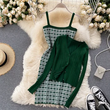 Zarif Bayan Örme Ceket Takım Elbise Vintage İki Parçalı Setleri Kafes Hırka Ceket Ve Örgü Kolsuz Mini Elbise NW171