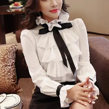 Zarif Kadın Şifon Gömlek İlmek Standı Yaka Uzun Kollu Tek Göğüslü Fırfır Dekor Sonbahar Ofis Bluz Kadın Giyim