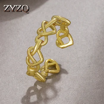 ZYZQ Vintage Hollow Aşk Zinciri Açık Halka Kadınlar için Mizaç Metal Geometrik İmitasyon Zirkon Yüzük Zarif kadın mücevheratı