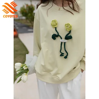 ÇAKALLAR Üç Boyutlu Nakış Çiçek O-Boyun Kazak Kadın Kazak Bahar Kore Moda Tişörtü kadın Hoodies
