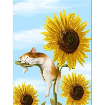 Çapraz Dikiş Kiti DİY Elmas Nakış Ayçiçeği kedi Tam Kare / yuvarlak Elmas Boyama Mozaik Ev Dekor