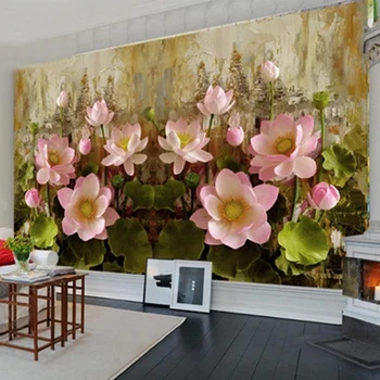 Özel Duvar Kağıdı 3D Stereo Lotus Çiçek Yağlıboya Fresk Oturma Odası TV Kanepe Yatak Odası Sanat Duvar Kağıdı Papel De Parede 3 D