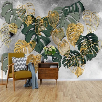 Özel Duvar Kağıdı İskandinav Altın Hatları Yeşil Tropikal Bitkiler Fresk Oturma Odası Yatak Odası Duvar Ev Dekor Papel De Parede 3 D