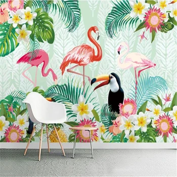 Özel Duvar Kağıdı Tropikal Bitki Papağan Flamingo Arka Plan duvar tablosu