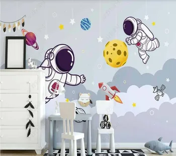 Özel papel parede el-boyalı karikatür kozmik astronot bulut çocuk odası oturma odası yatak odası dekorasyon için duvar kağıdı