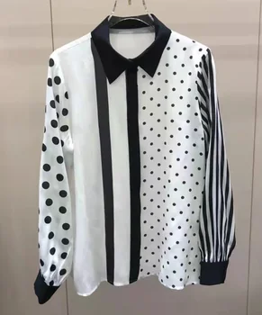 Üstleri Moda İpek Bluzlar 2023 İlkbahar Yaz Tarzı Kadın Turn-aşağı Yaka Polka Dot Baskılar Uzun Kollu Zarif Beyaz Gömlek